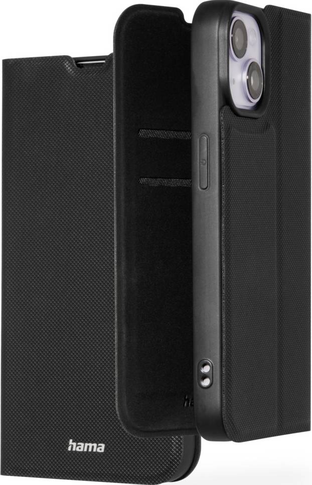 Black smartphone protective case by Hama, opened, showing interior with card slots, designed to fit a mobile phone with two camera lenses.
