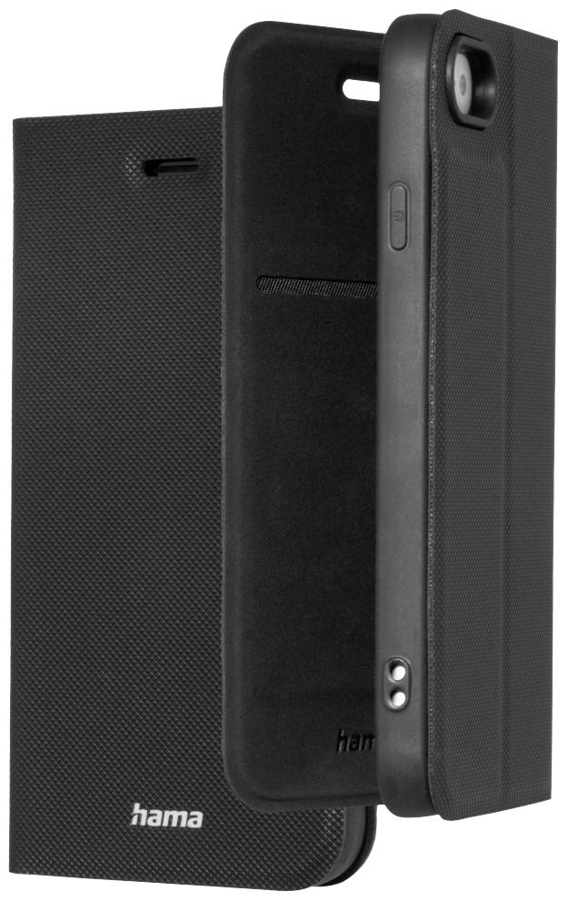 Black mobile phone case by Hama, opened up, with card slot and camera cutout.