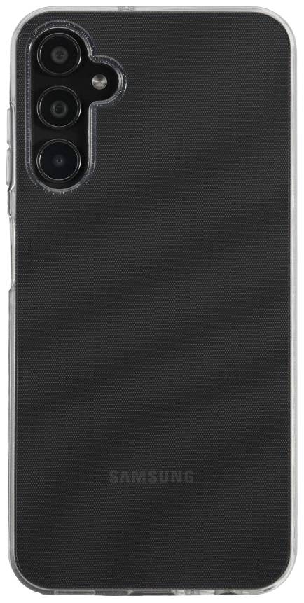 Smartphone back, black case with three camera lenses and Samsung logo.
