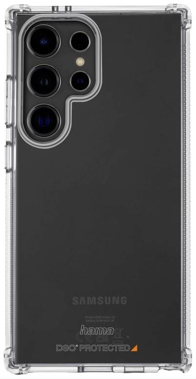 A black smartphone with a transparent protective case. The back shows multiple camera lenses and the Samsung logo at the bottom.