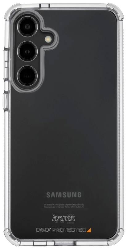 A transparent smartphone case reveals the back of a Samsung device with three camera lenses. Brand names 'hama' and 'DOO' are visible.