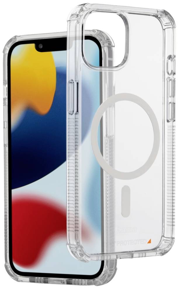 Transparent mobile phone case floating in front of a smartphone. The case shows a circular cutout for wireless charging.