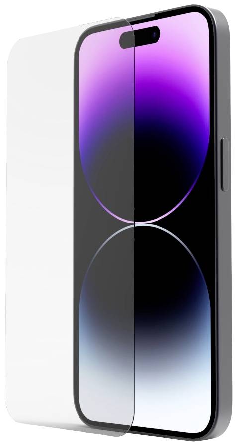Smartphone with purple and blue light effects on the screen, showing an applied screen protector. Side view of the device.