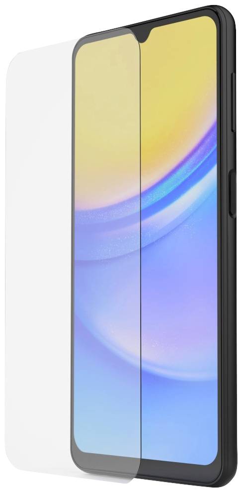 A smartphone with rounded corners and a colourful display. A transparent protective film is partially laid over the display.