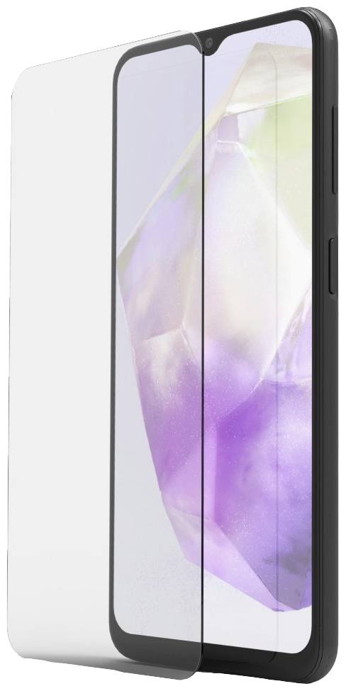 A smartphone with a transparent display protector covering the screen. The device shows an abstract background.