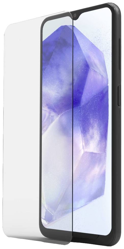 Smartphone with a tempered glass screen protector, transparent and protecting the screen from scratches. Device displays a geometric pattern.
