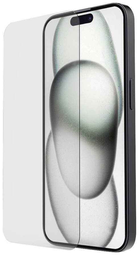 Smartphone with screen protector, depicted floating. Background shows an abstract, grey and white design.