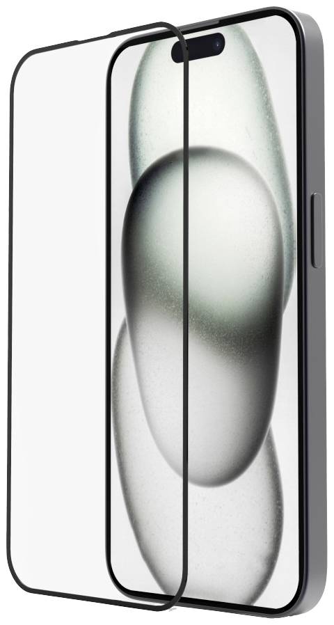A smartphone with a transparent screen protector. The screen displays a close-up of grey, intertwined forms.