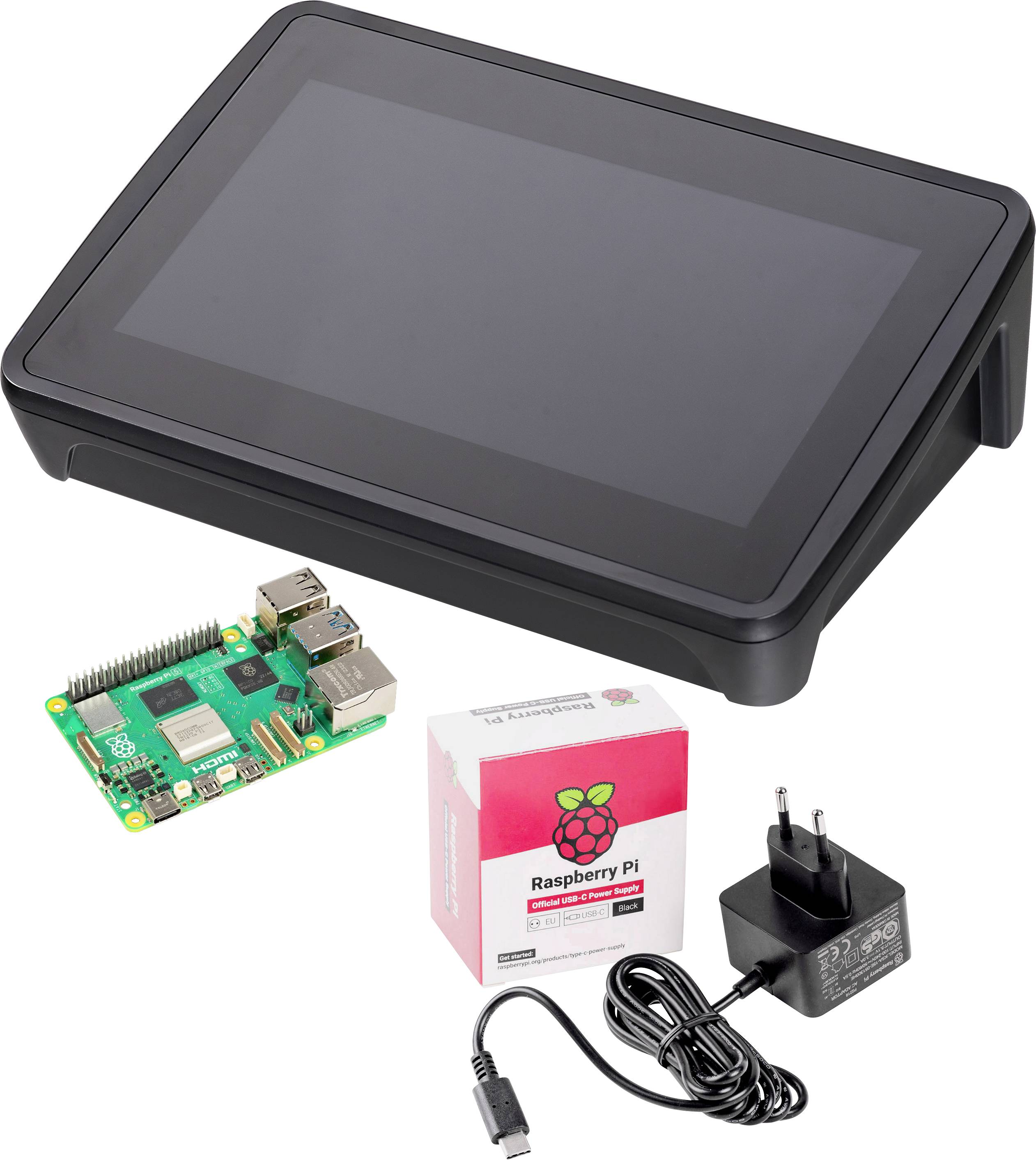 Set comprising a Raspberry Pi, a touchscreen display in a black enclosure, a power supply, and a packaging box.