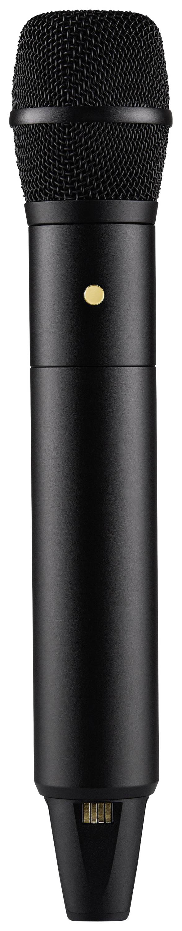 Black, wireless microphone with golden details.Note: This translation is already in British English and does not require significant modification.