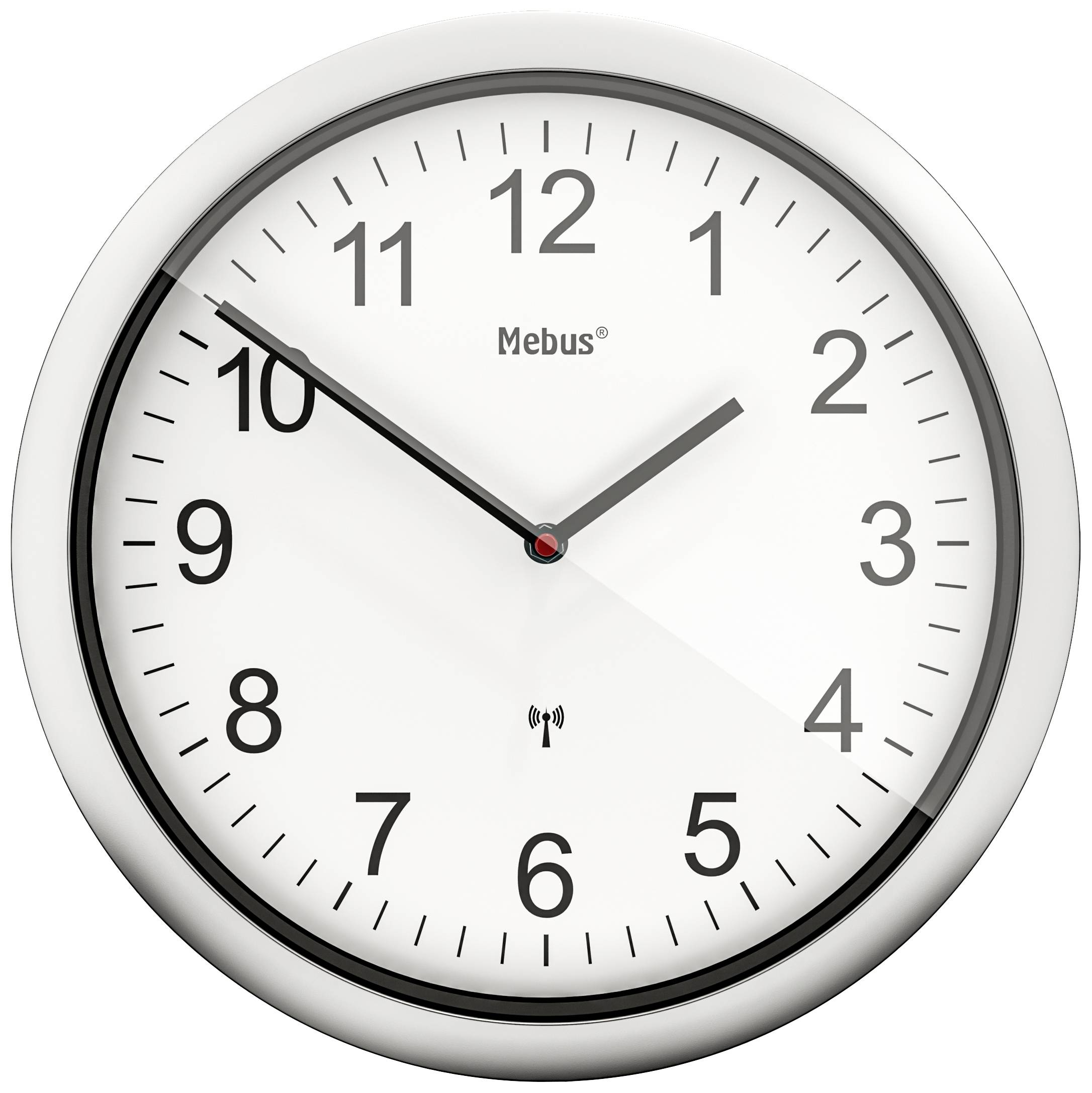 Analogue wall clock, showing 10:10, white dial, black numerals and hands, silver bezel.