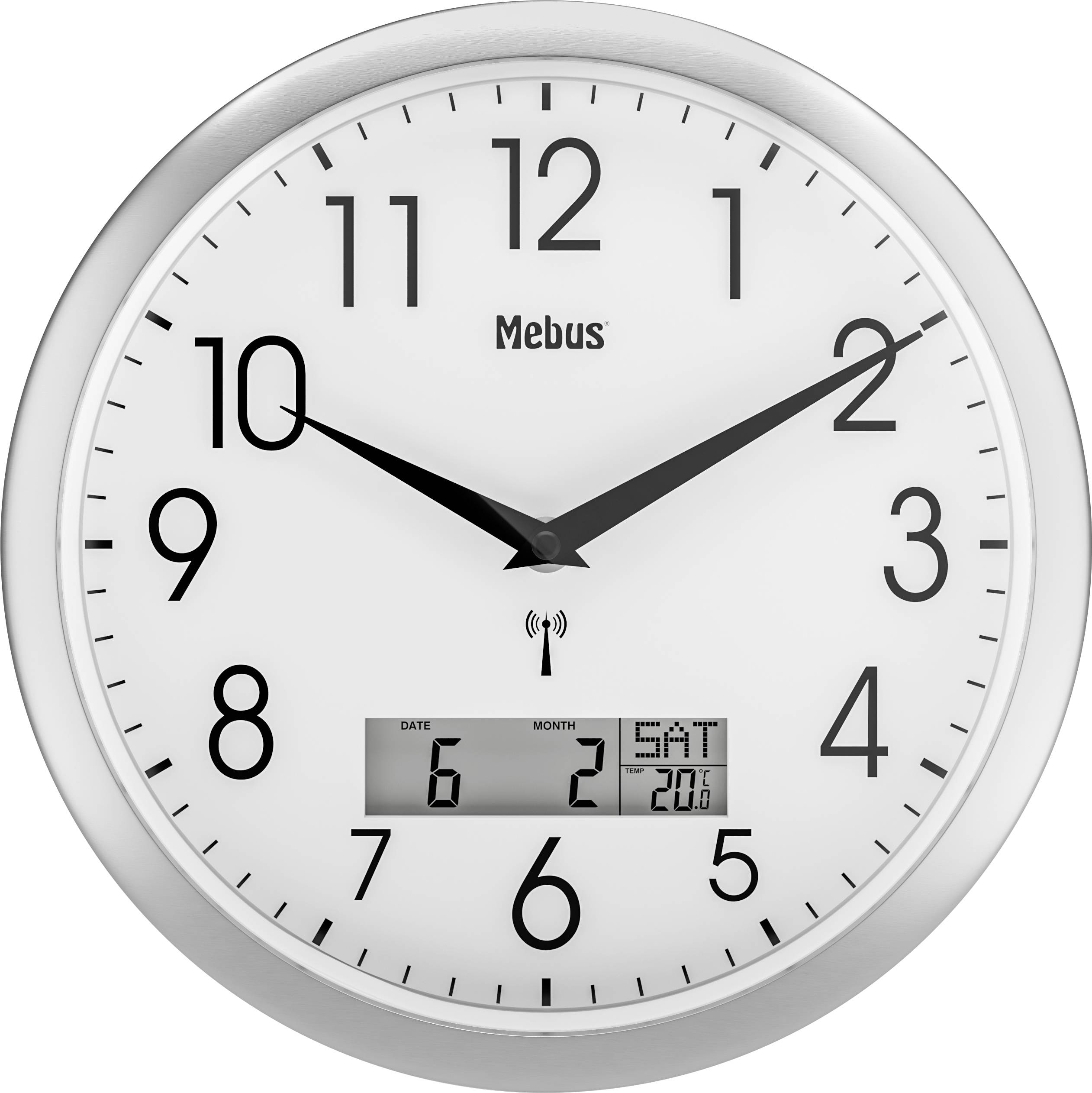Analogue clock with digital display shows 10:08, 6th February, Saturday and 20.6 degrees Celsius. Silver frame, black hands.