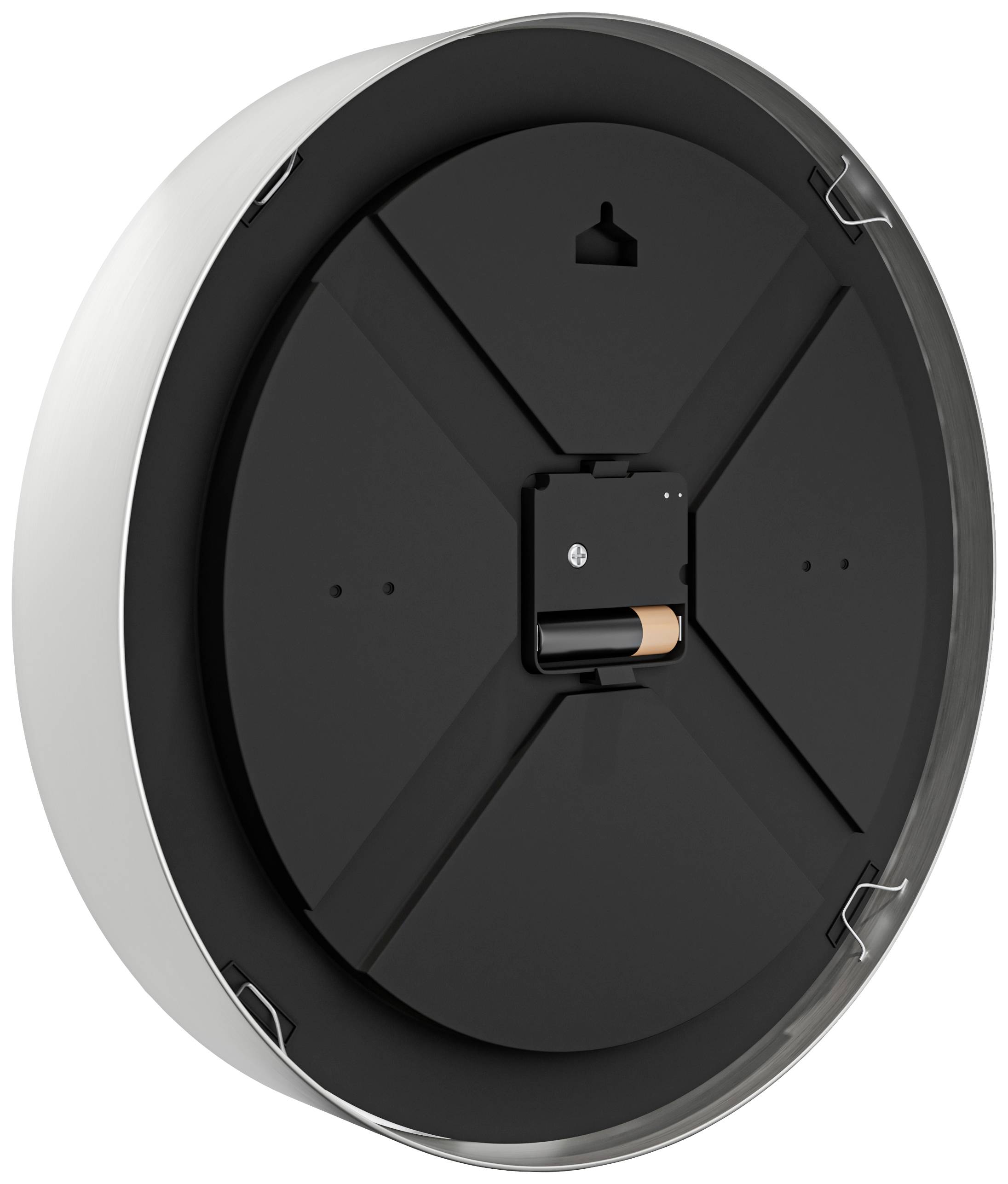 Back of a round wall clock showing the battery compartment and hanging hook, demonstrating the mounting and power source of the clock.