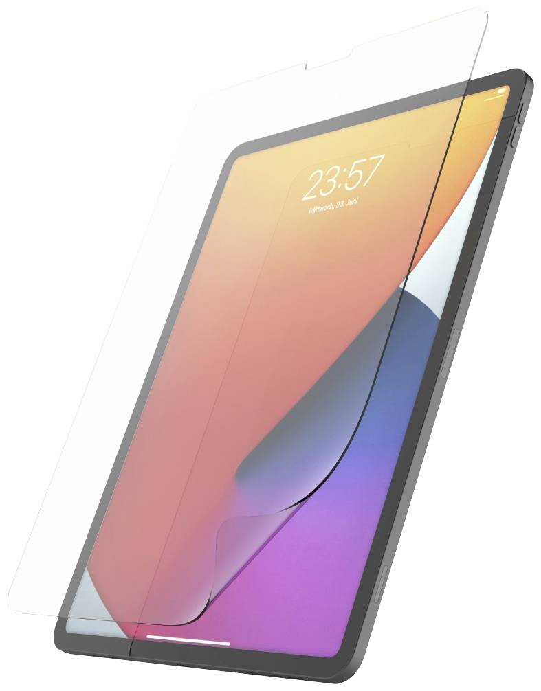 Tablet with a colourful display and the time '23:57'. A transparent protective cover is placed over the screen.