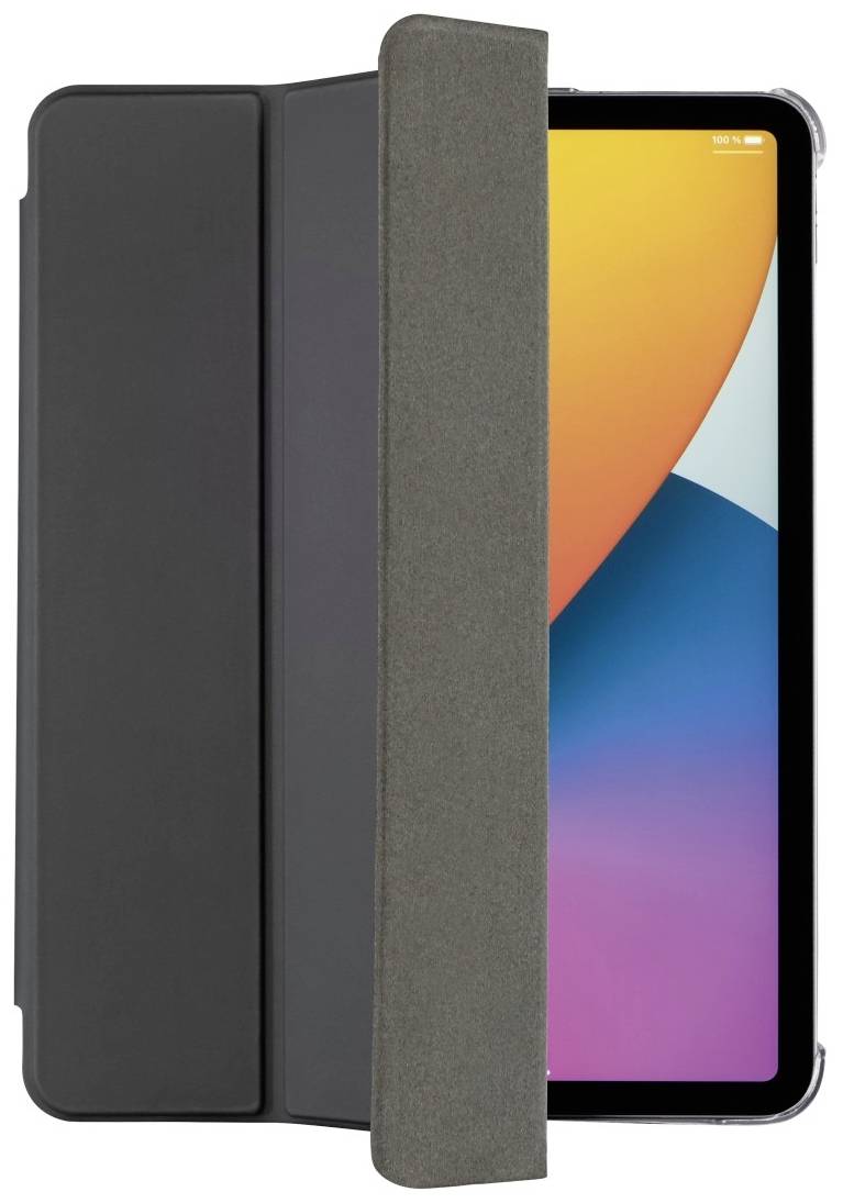 A tablet with a black cover, partially open. A colourful, abstract background image is displayed on the screen.