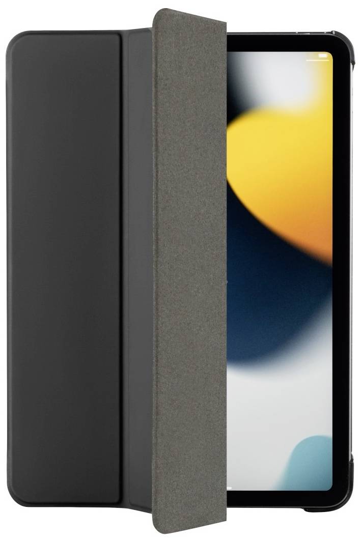 A tablet with a partially closed black cover, displaying a colourful screen.