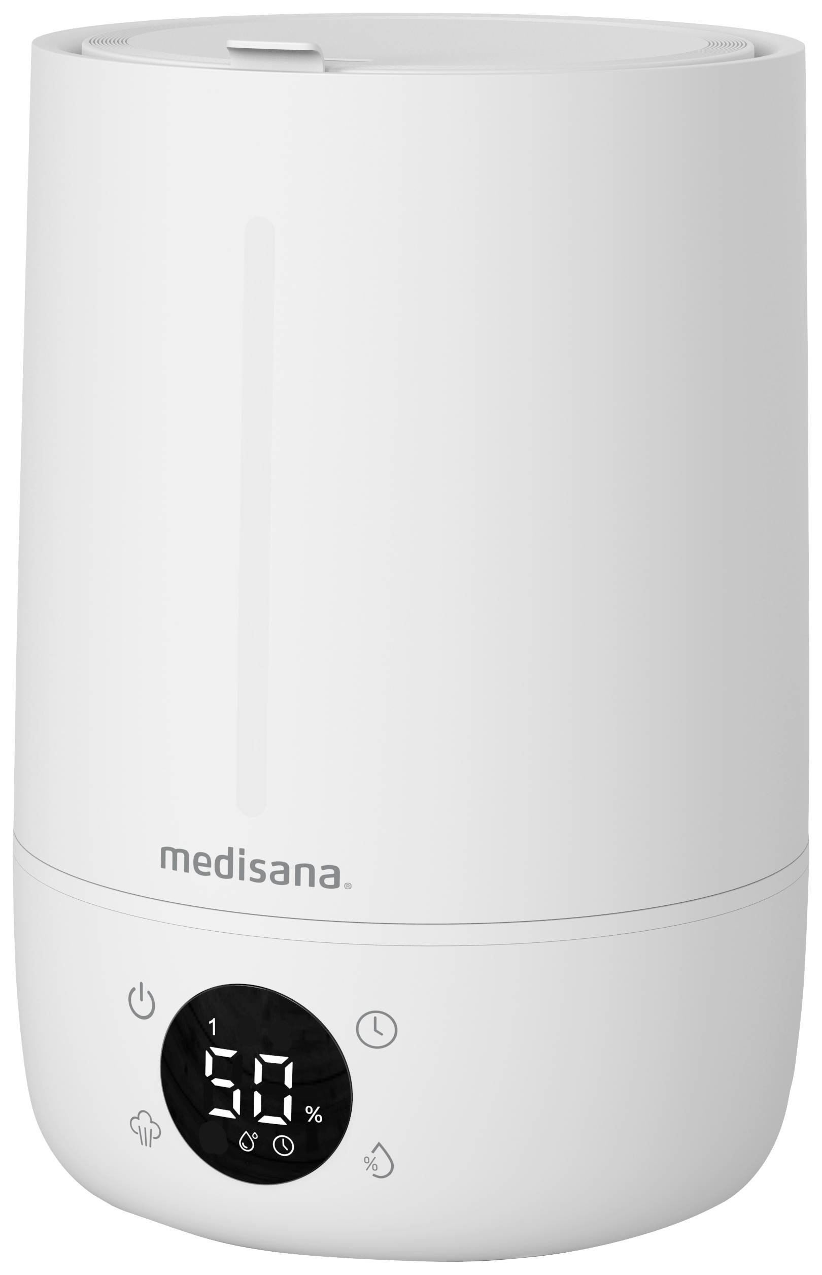 A white Medisana humidifier with a digital display, showing 50% humidity. Device buttons are visible at the bottom.