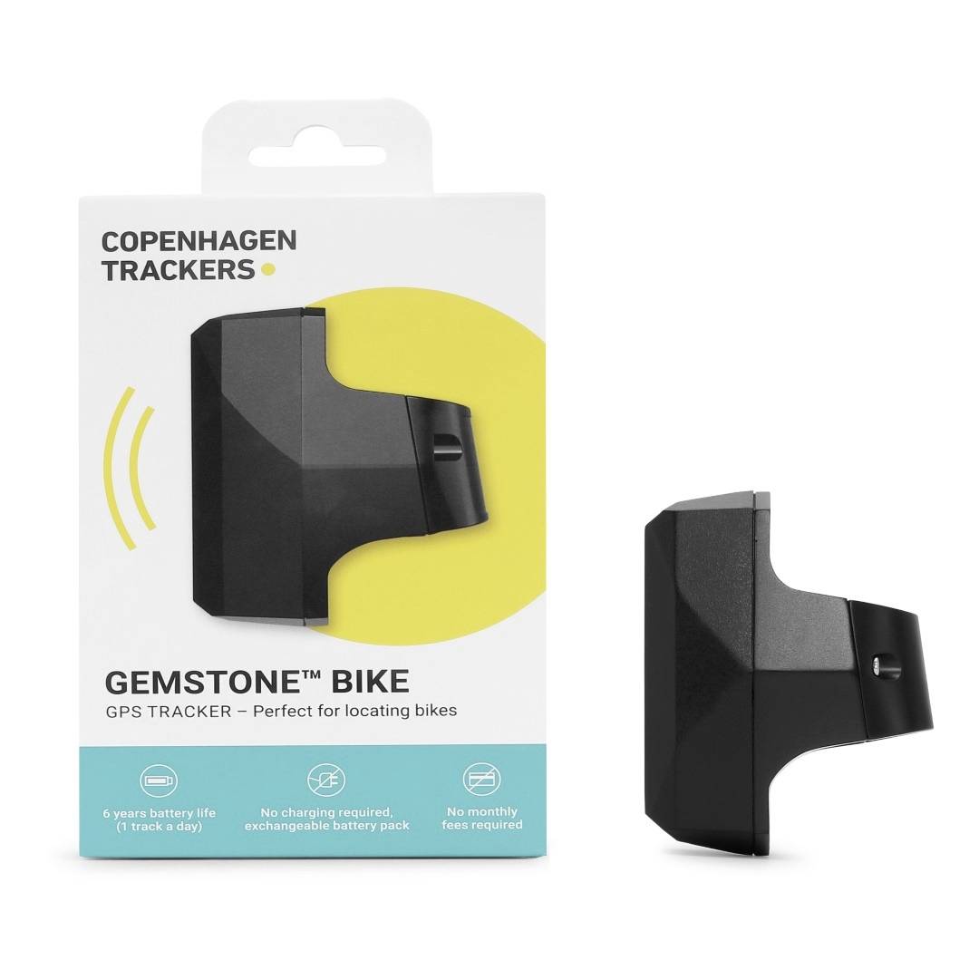 'Gemstone Bike' GPS Tracker with Long Battery Life for Locating Bicycles, packaging and device shown.