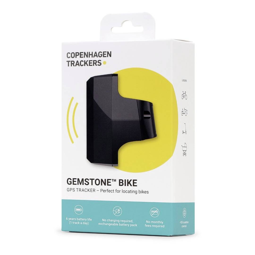 Packaging of a GPS Tracker for Bicycles. Text: 'Copenhagen Trackers, Gemstone Bike'. Battery Life 6 Years.