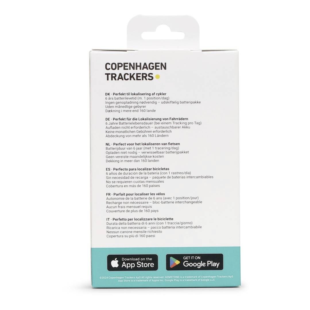 Rückseite einer Verpackung mit Text in mehreren Sprachen, die Funktionen eines Fahrrad-Tracking-Geräts beschreibt. Enthält App-Download-Hinweise.