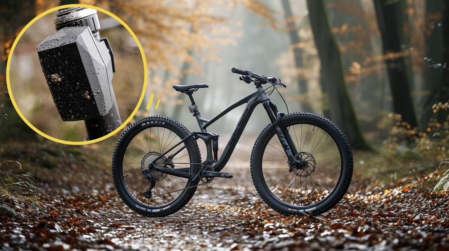 A black mountain bike stands on a forest path covered with autumn leaves. An inserted image shows a damaged battery.