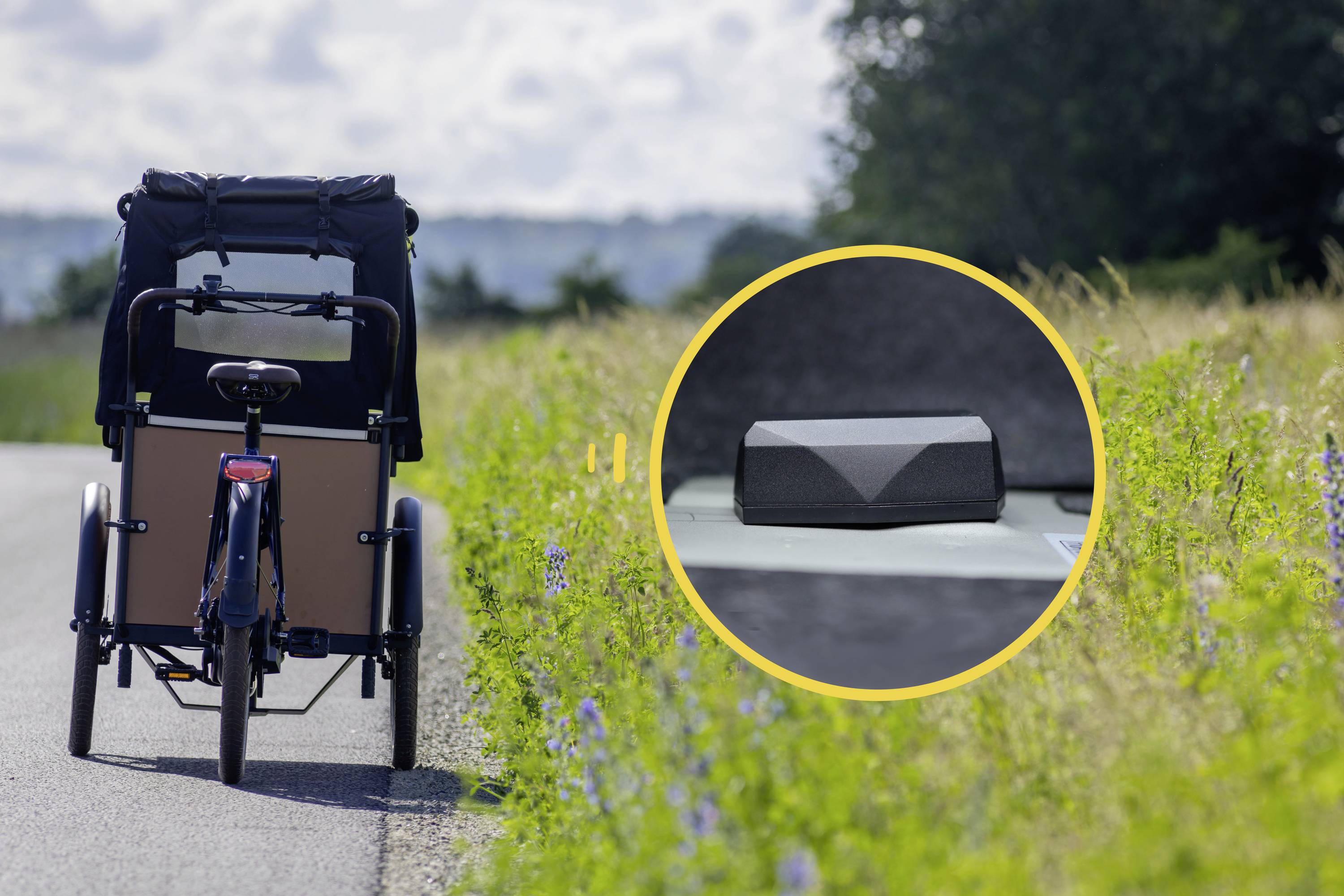 A bicycle with a trailer travels along a path. Beside it, a close-up of a rectangular object, presumably a sensor.