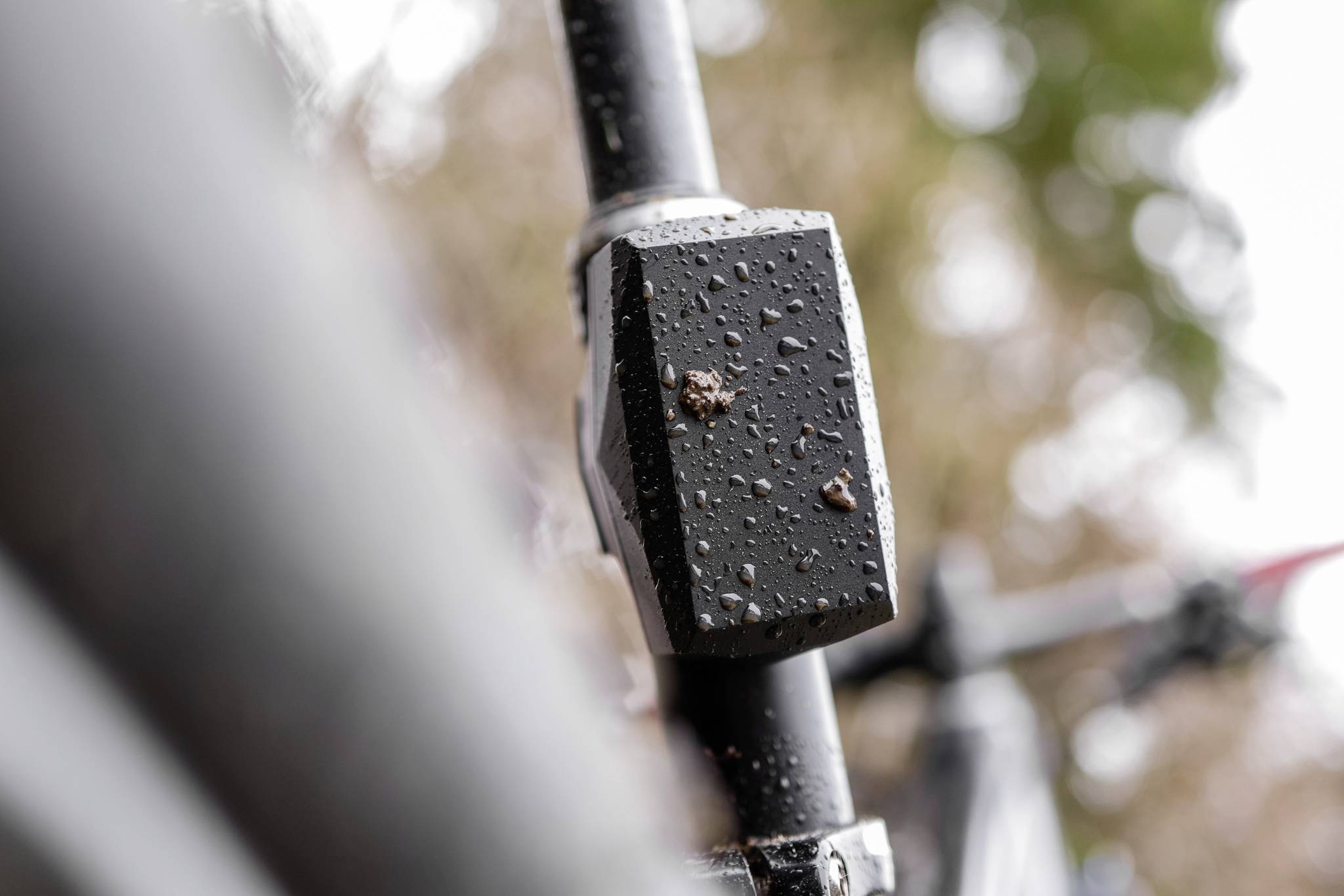 Close-up of a bicycle frame tube with raindrops on it. Blurred trees are visible in the background.
