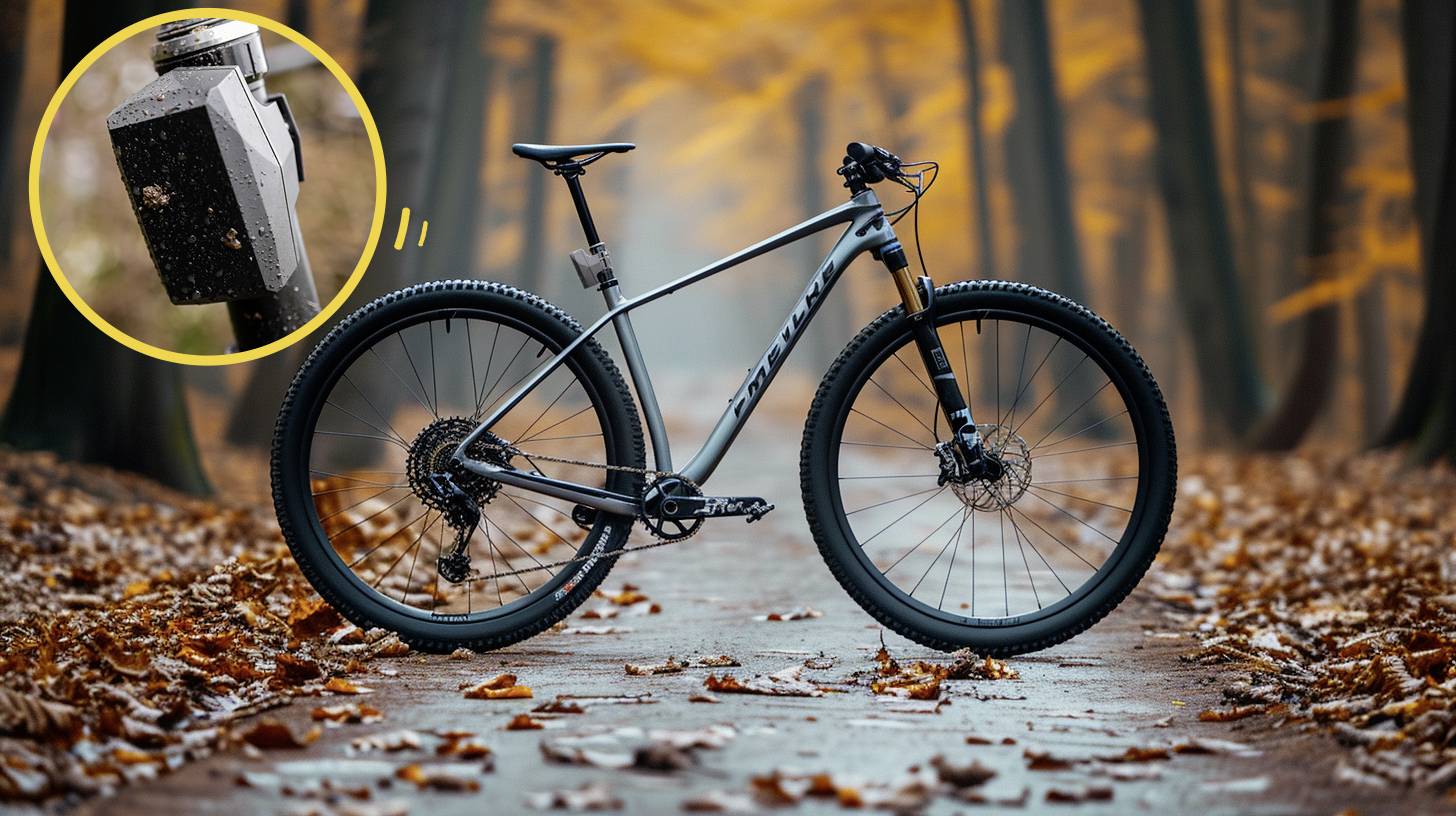 A modern mountain bike stands on a path full of colourful leaves in an autumnal forest. A tool is shown in close-up in the top left of the image.