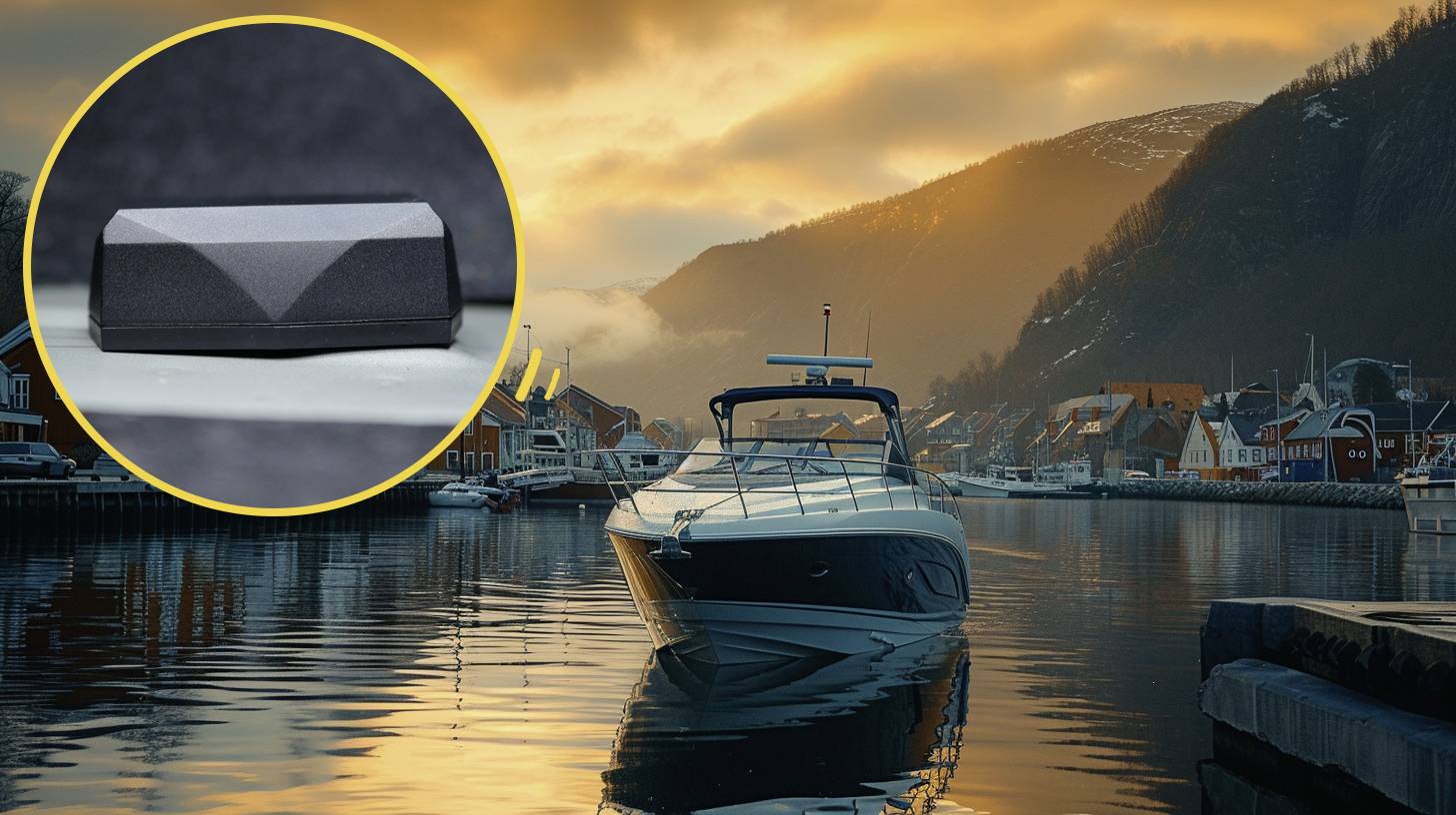 A modern motorboat sits in the harbour of a small town at sunset. Inset: A close-up of a boat detail.