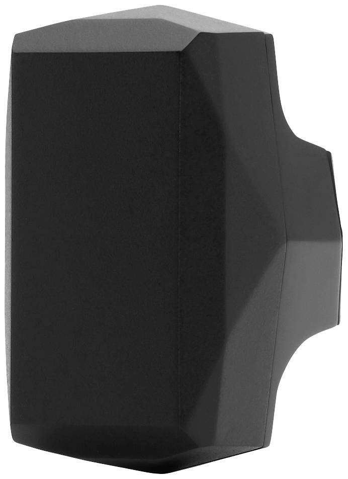 Black, geometrically shaped device with rounded edges, likely an electronic accessory or sensor.