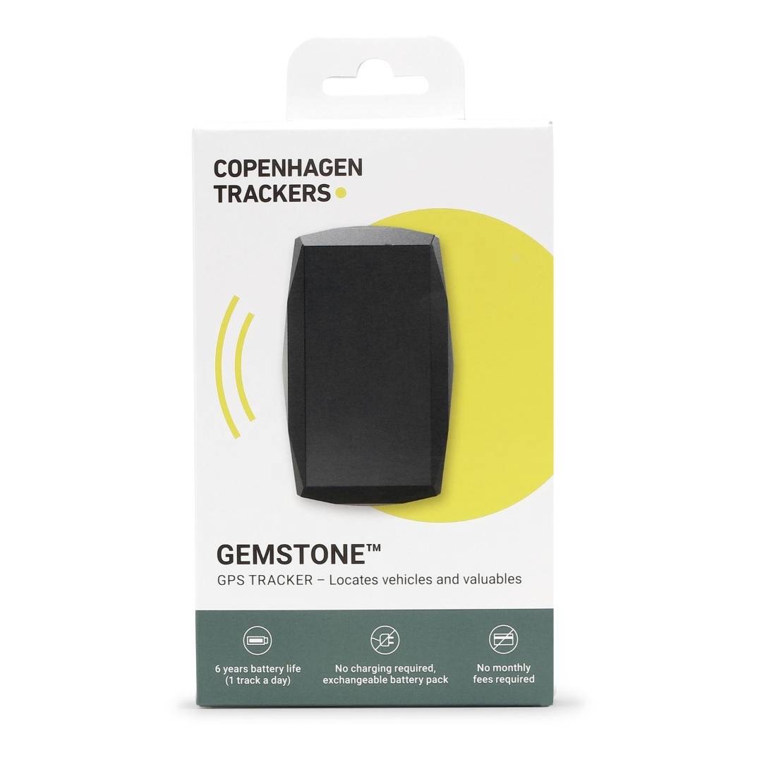 A 'Copenhagen Trackers Gemstone GPS Tracker' package with specifications: 6-year battery life, no monthly fee.