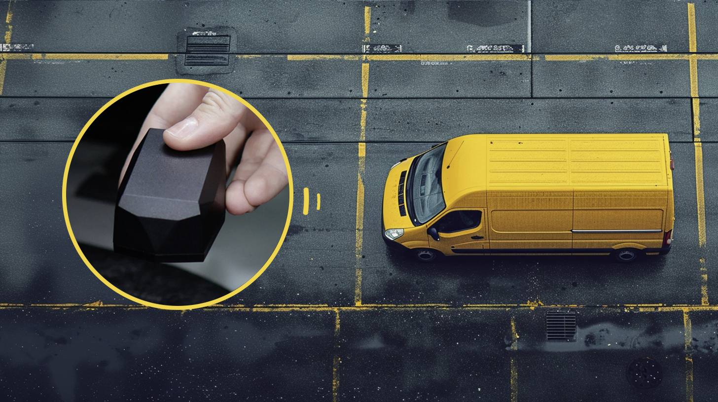 Yellow delivery van in car park. Close-up of a black device in hand, presumably a GPS tracker.