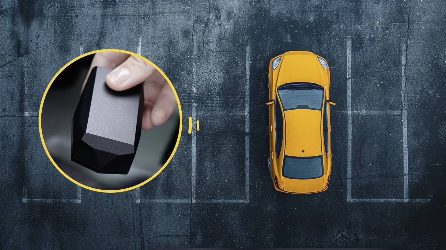 A yellow car is parked reversing between white lines. In the circle beside it, a hand is holding a car key.