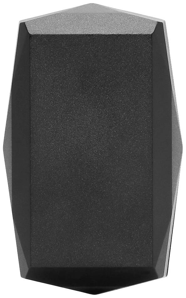 A black, hexagonal object with a smooth surface that appears like a prismatic gemstone.