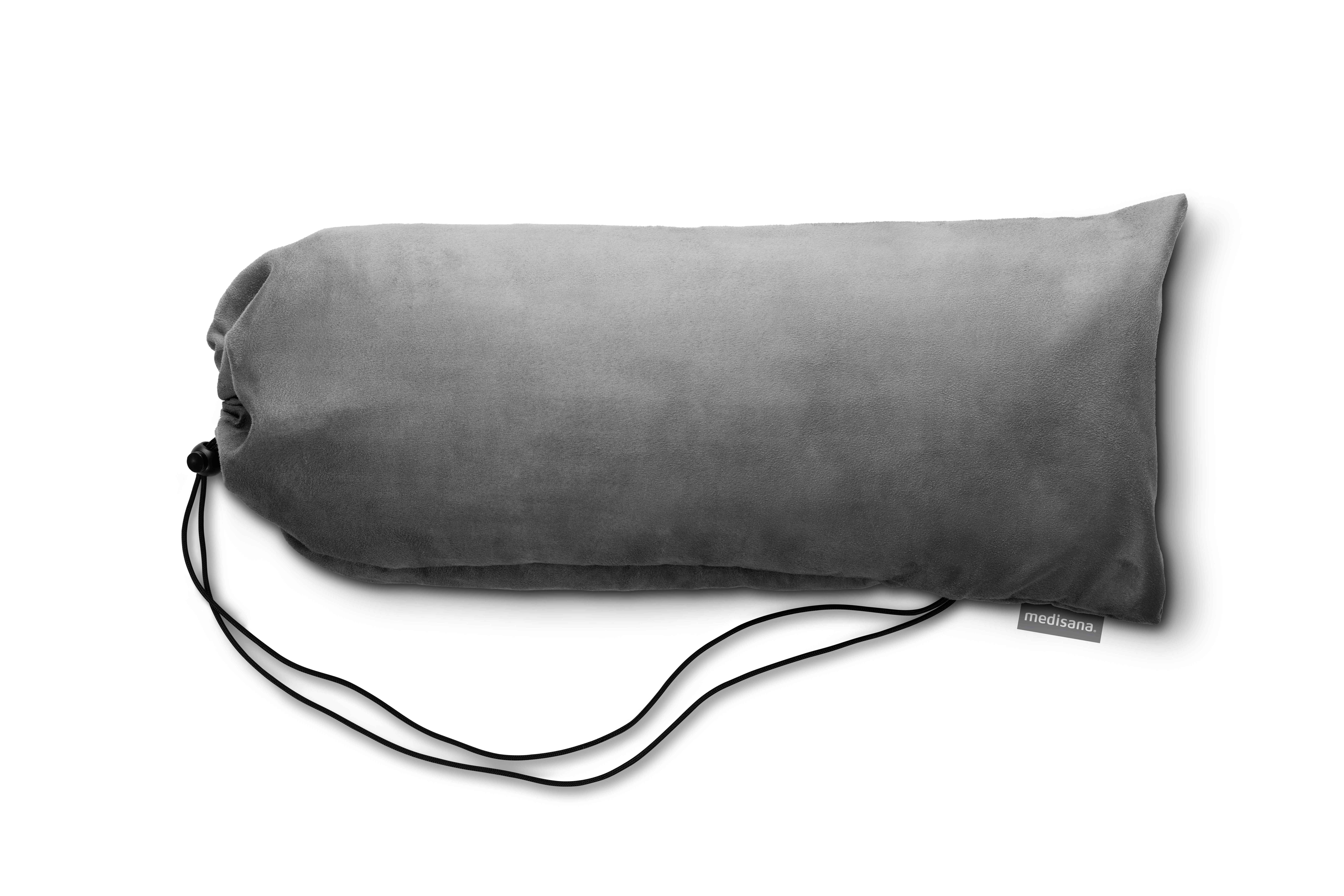 Grey neck cushion with drawstring, rectangular shape, velvety texture, on white background, designed to support the neck.