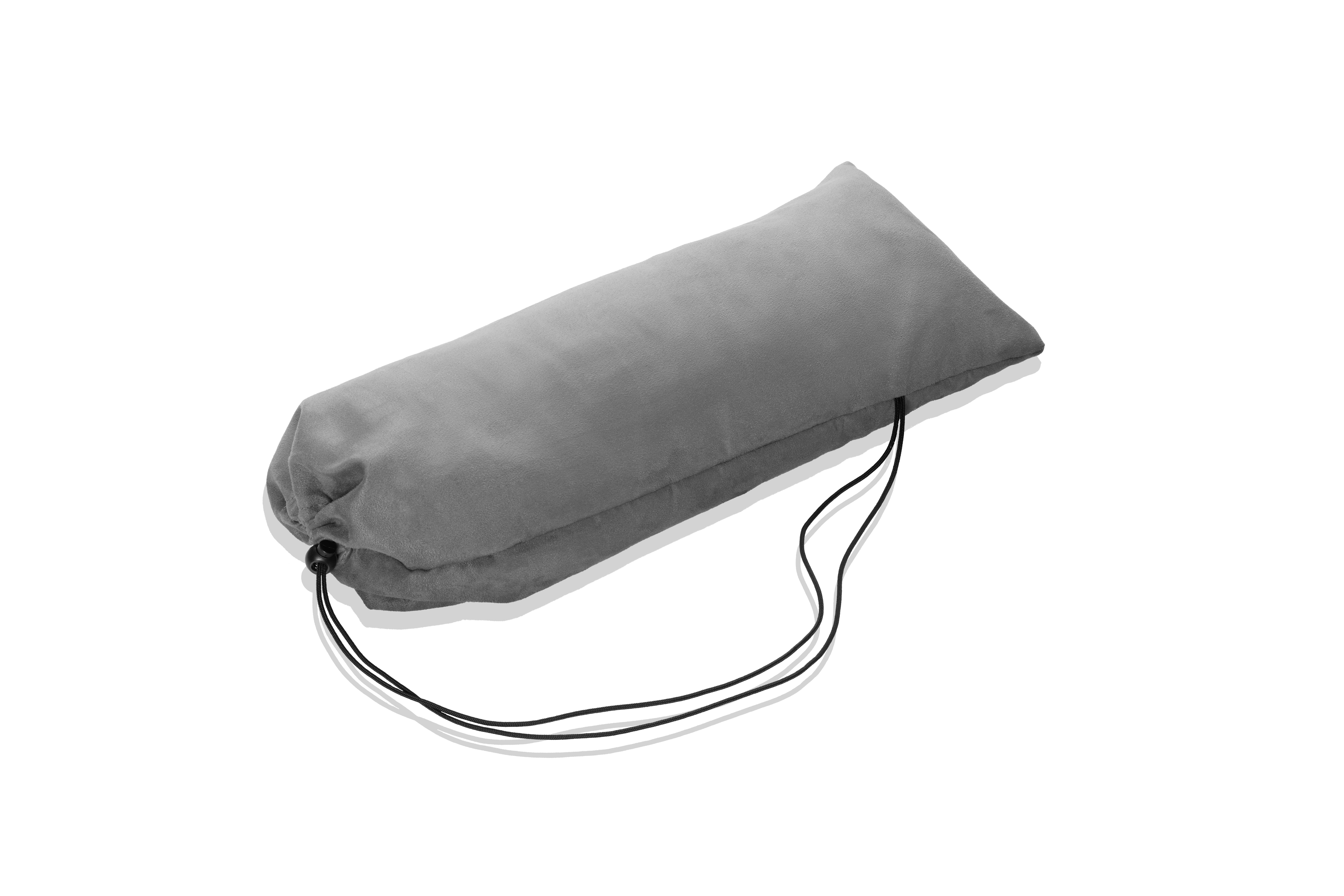 A grey, rectangular cushion with a cord for carrying.