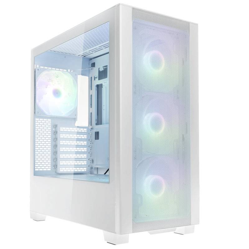A white PC case with a transparent side panel reveals colourful RGB fans inside and at the front, featuring clean, modern design.