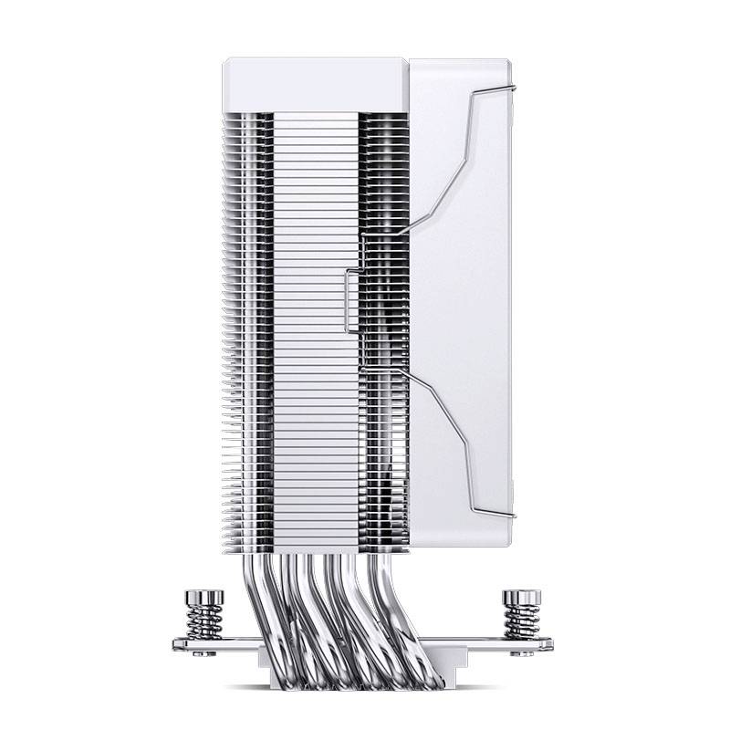 Heatsink with multiple curved heatpipes and cooling fins, mounted on a spring-loaded base, for heat dissipation in computers.