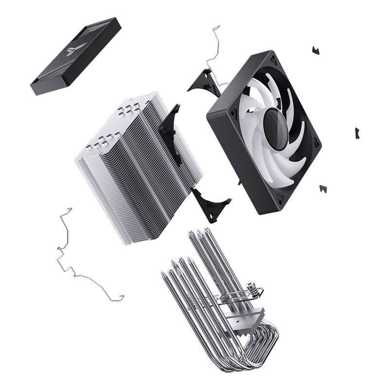 Dismantled computer cooling components: heatsinks, fans and heat pipes. Components are scattered, revealing construction and structure.