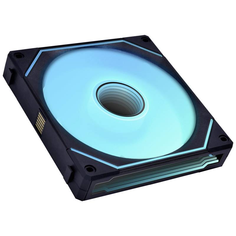 PC case fan with blue LED light, square design, used for cooling computer enclosures.
