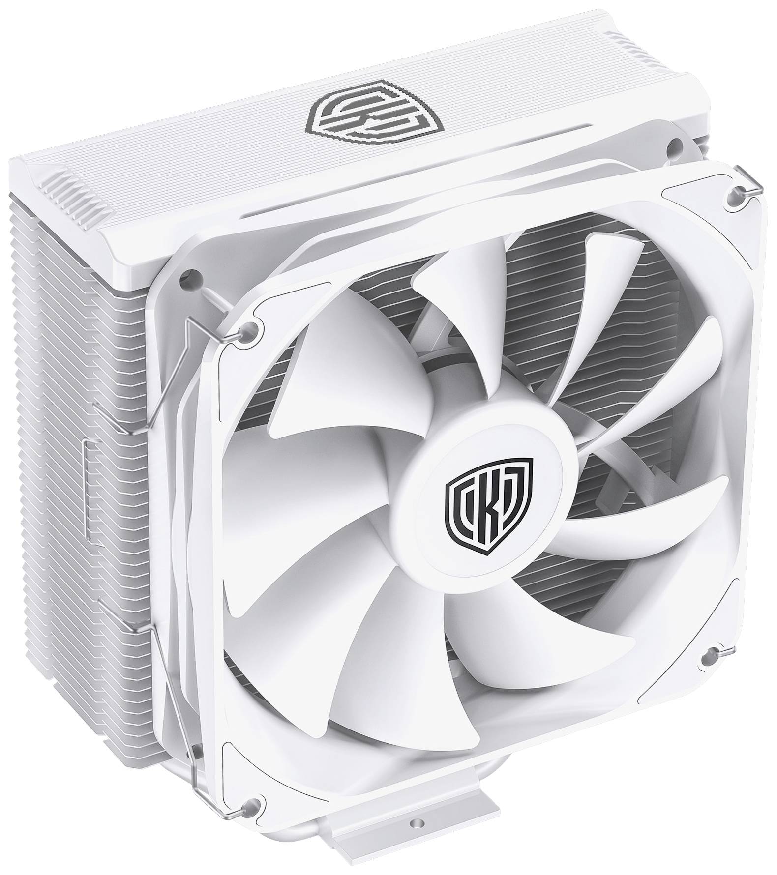White CPU air cooler with large fan and finned heatsink. Brand logo on the top surface. High-quality, functional design.