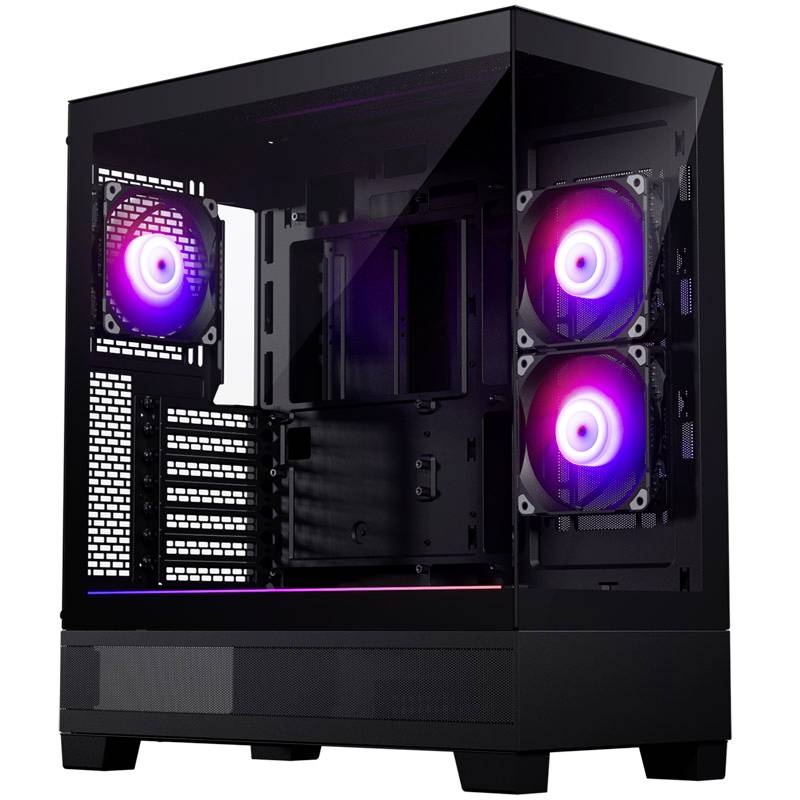 Black PC case with glass walls, showcasing internal layout and illuminating fans in red and purple, with no visible hardware components.