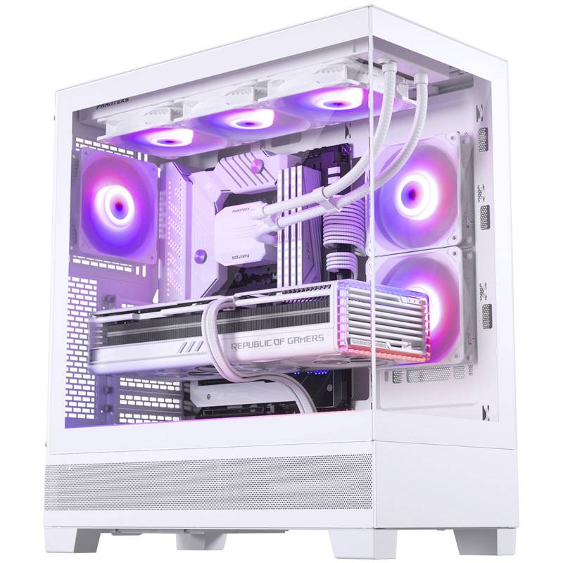 A white gaming computer with illuminating RGB lights and a clear side panel, showcasing internal hardware components distinctly.