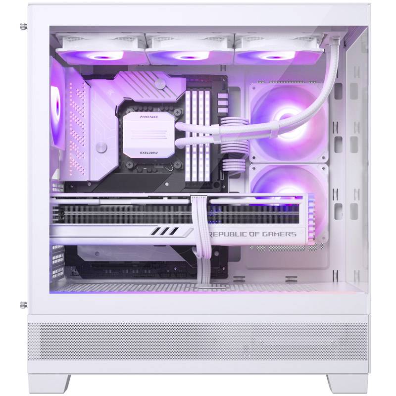 A white computer with a transparent cover reveals internal components such as illuminated fans and cable management.