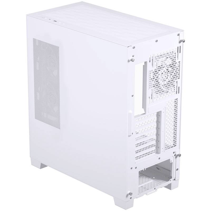 A white computer case with multiple ventilation slots, a transparent side panel, and several expansion slot openings on the rear.