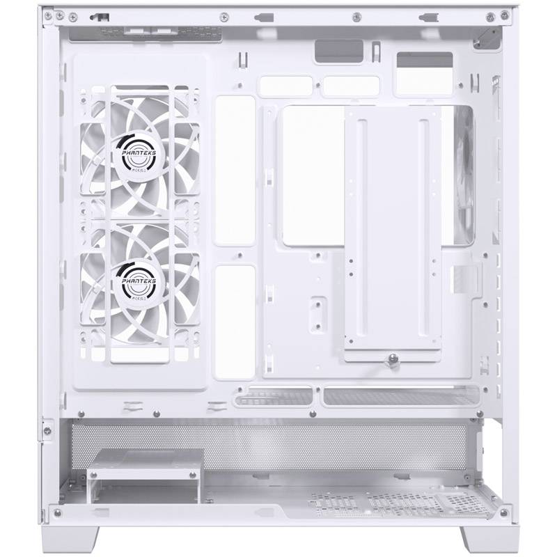 Empty white computer case with fans on the left side, open slots and mounting brackets for components on the right side.