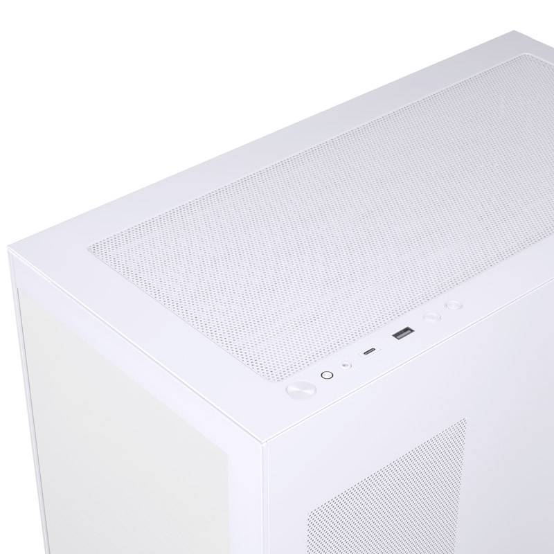 A white computer tower with a minimalist design, side ventilation openings, and ports located on the top. Ideal for contemporary office environments.