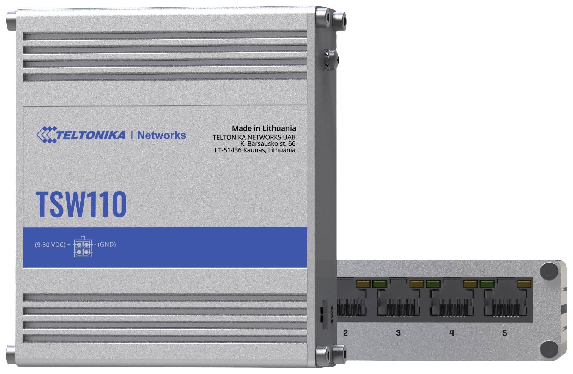 Modular Network Switch 'TSW110' by Teltonika, showing front and back views. Back panel with five RJ45 ports. Manufactured in Lithuania.
