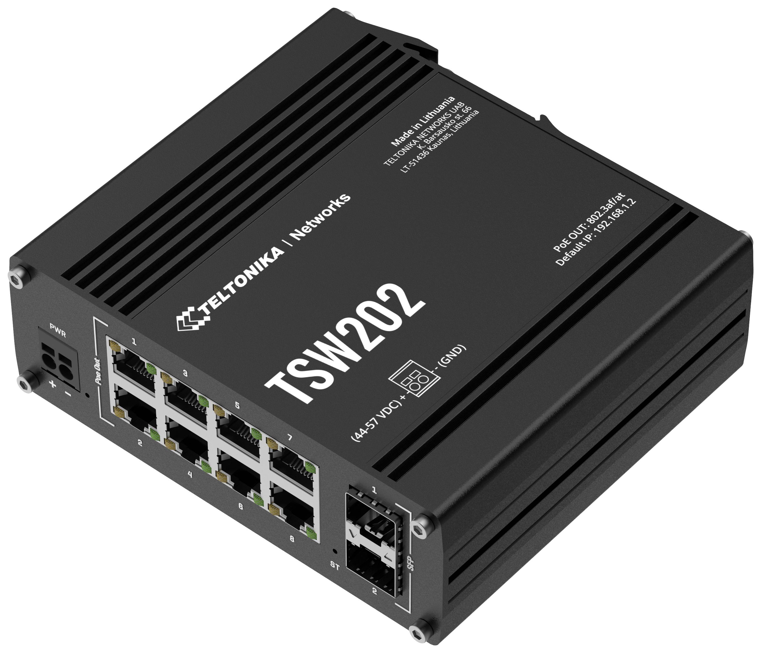 A black network switch from Teltonika with the inscription 'TSW202', equipped with multiple Ethernet ports.