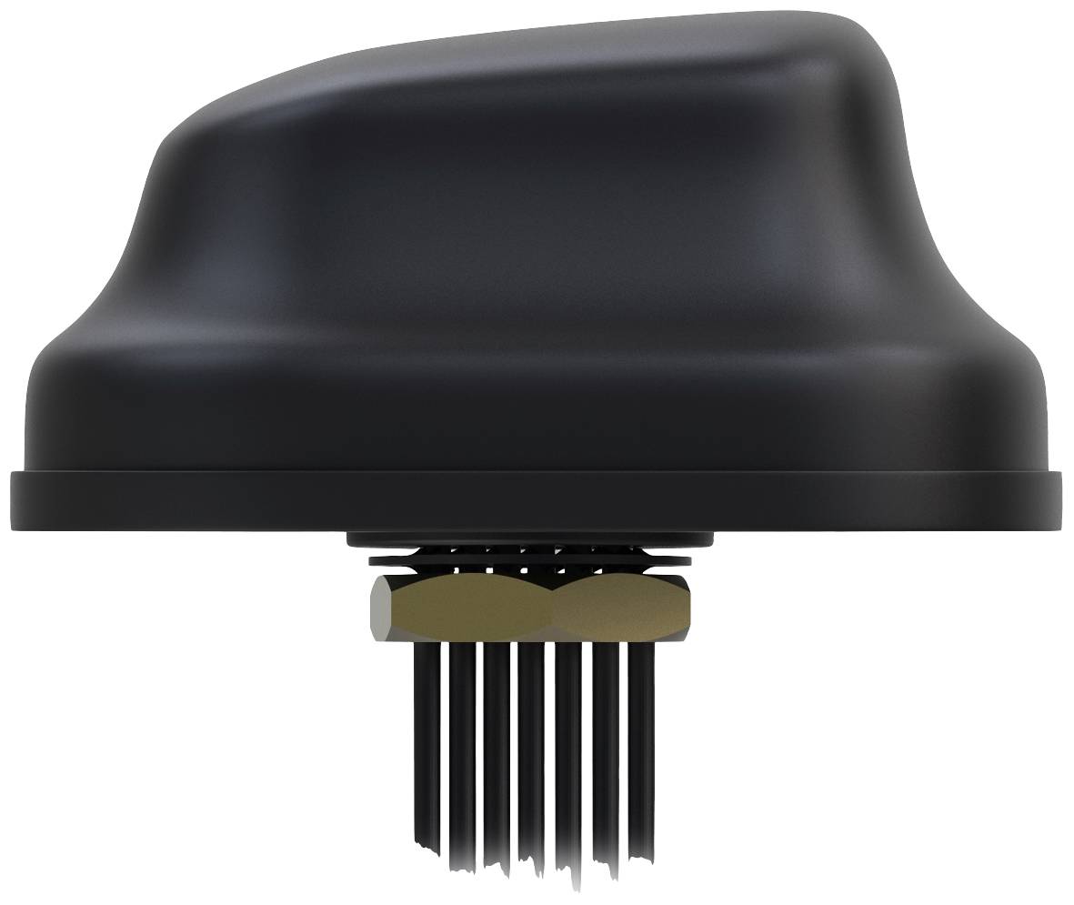 A black roof antenna mount with multiple metal pins on the underside, suitable for automotive communication systems.